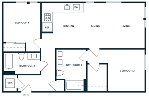 Floor plan for 2 beds, 2 baths, 1029 sqft